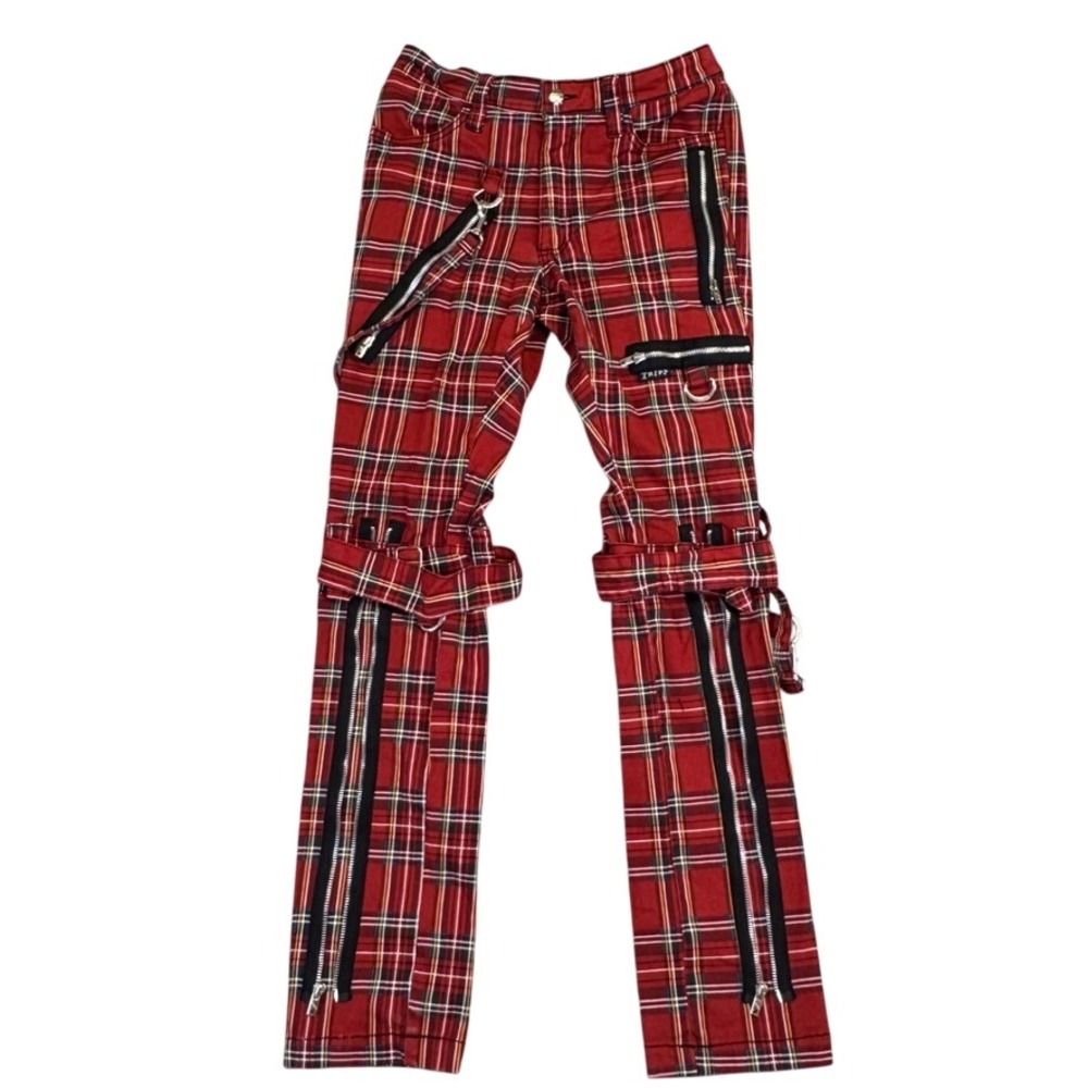 Tripp NYC Red Plaid Bondage Pants Zippers D-Rings Punk Goth Emo Size 30 Womens